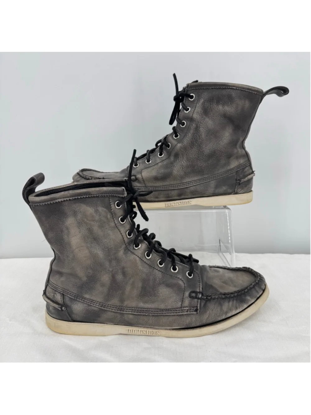 Sebago Docksides Men's Leather High Top Sneakers Distressed Gray Lace Up Size 12